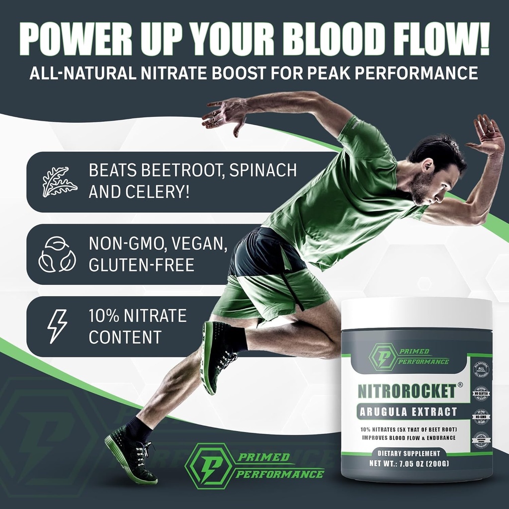 NitroRocket Nitric Oxide Supplement – Boost Circulation, Blood Flow, Endurance & Energy – Plant-Based Nitrate Booster for Men & Women – 200g Powder
