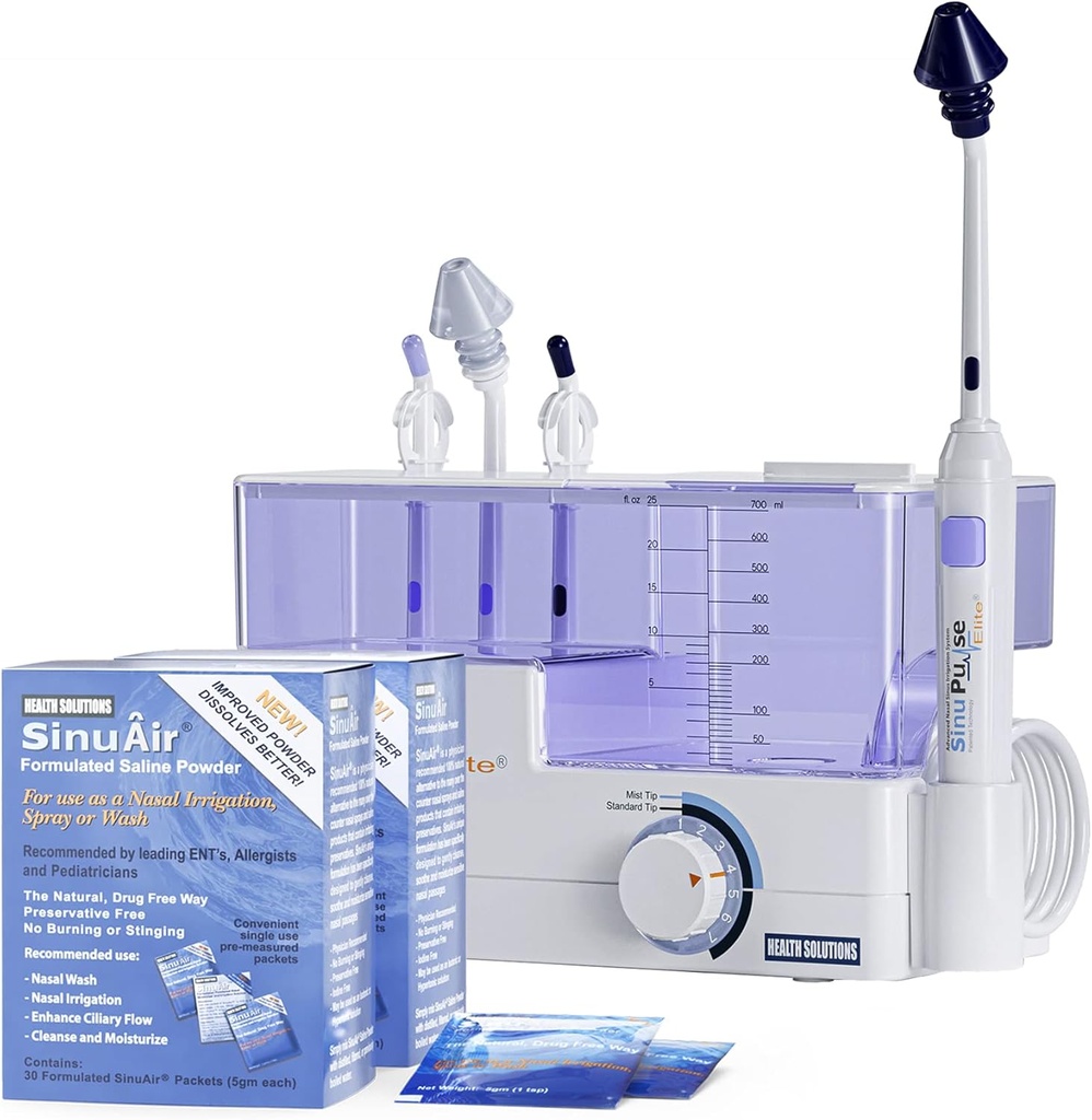 SinuPulse Elite Advanced Nasal Irrigation System - Pulsating Sinus Congestion Relief & Sinus Rinse Machine, More Effective Than Neti Pot, Nose Spray or Nasal Wash Bottle, with 90 SinuAir Packets