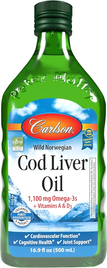 カールソン - タラ肝油、1100 mg Omega-3s、ワイルドキャッチ ノルウェーアークティックコッドレバーオイル、持続的に供給ノルディック魚油液、不燃、500ml(16.9 Fl Oz)