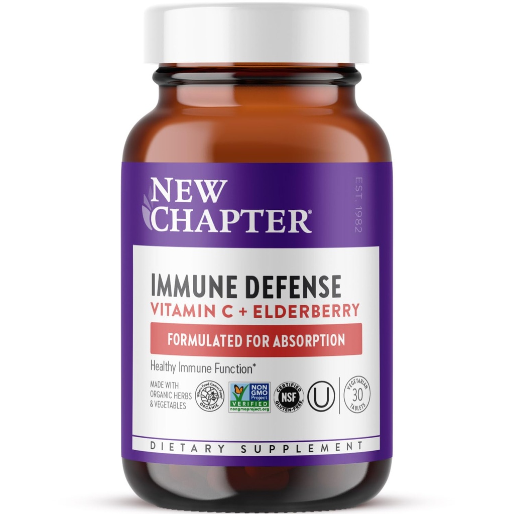 新しいチャプター®ビタミンC免疫防御サプリメント+エルダーベリー - ビタミンCの優れたソース、健康的な免疫サポートのための1日錠、有機ハーブ、非GMO、グルテンフリー、30カラットで作られた