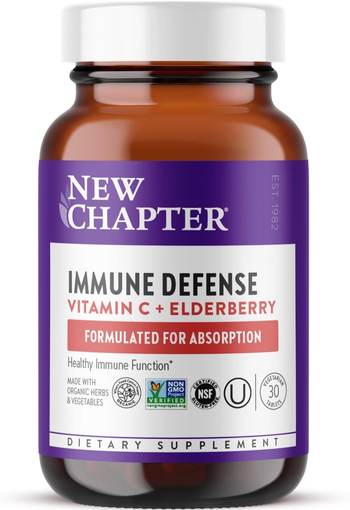 New Chapter® Vitamin C Immune Defense Supplement + Elderberry – Excellent Source of Vitamin C, One Daily Tablet for Healthy Immune Support, Made with Organic Herbs, Non-GMO, Gluten Free, 30 ct
