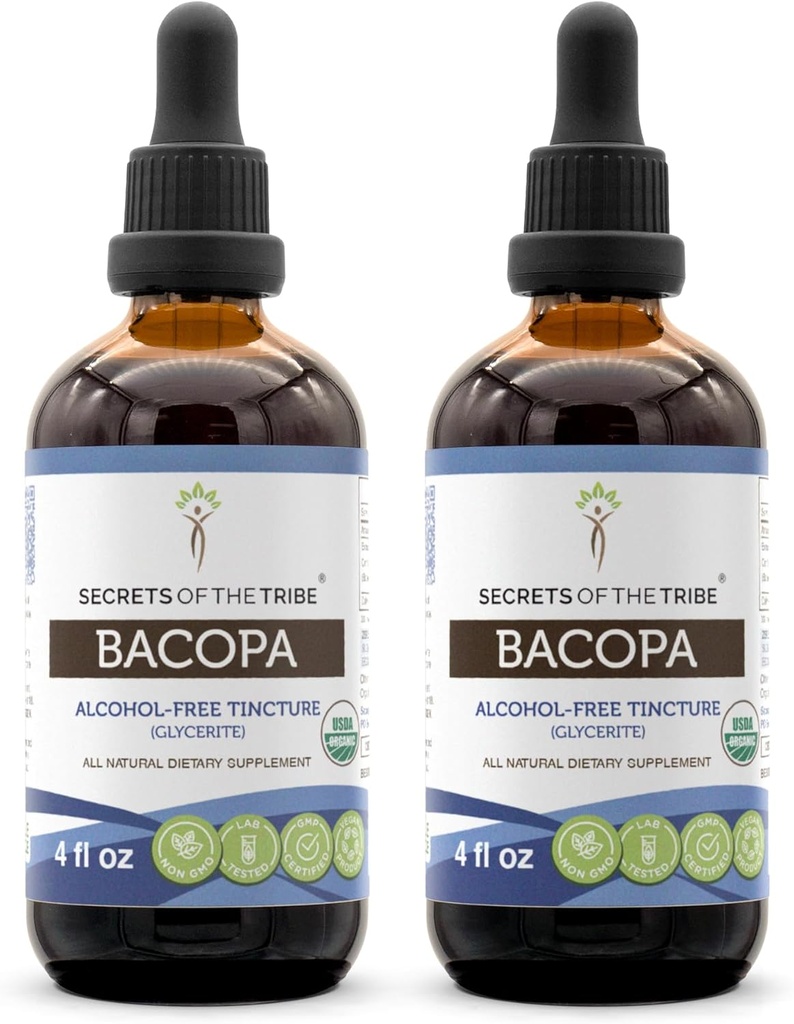 Secrets of the Tribe Bacopa USDA Organic | Alcohol-Free Extract, High-Potency Herbal Drops | Made from 100% Certified Organic Bacopa (Bacopa Monnieri) Dried Herb (2x4 oz)
