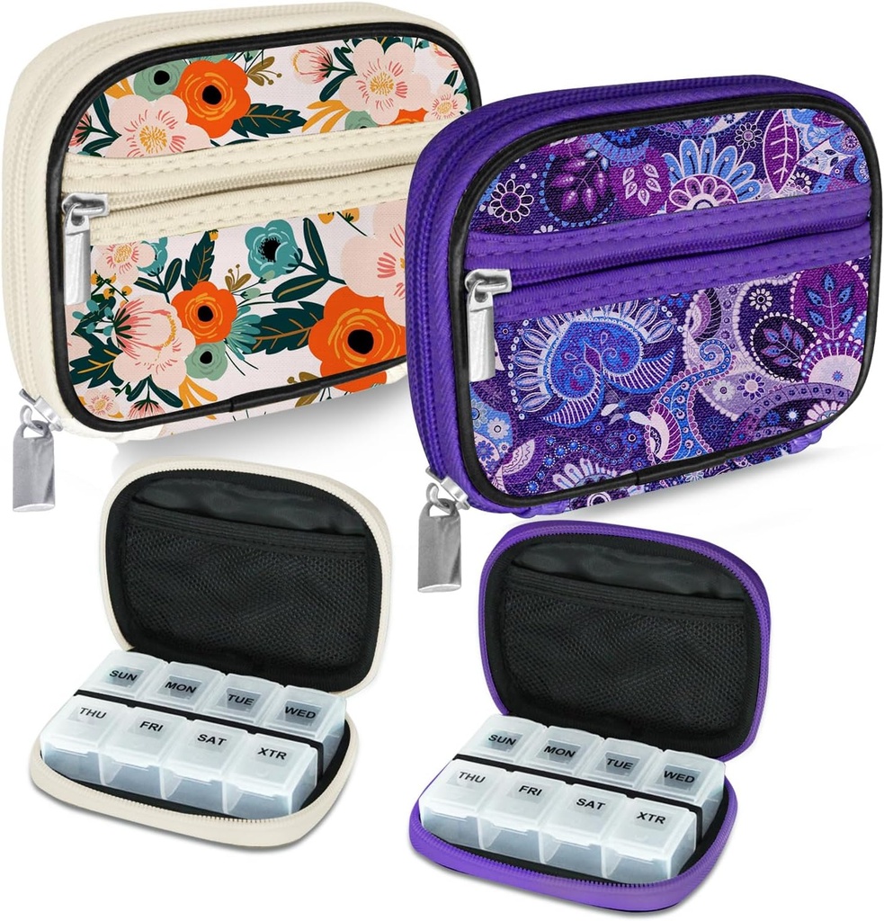 Serfeymi週刊旅行ピルオルガナイザーPill Case for Purse with Remoable 7 Day Pill Box、ファッショナブルな旅行薬オーガナイザーPill Container for Medicine、ビタミン、サプリメント - Bloom 01 + Purple 01