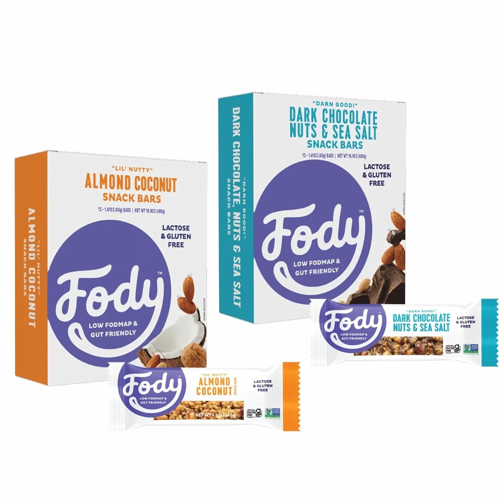 Fody Foodsスナックバーバラエティパック、1.41 Oz(24のパック)、アーモンドココナッツ&ダークチョコレートナッツ&シーソルト、タンパク質バー、低FODMAP、ガット&IBSフレンドリー、ビーガン、乳糖フリー、非GMO、グルテンフリー