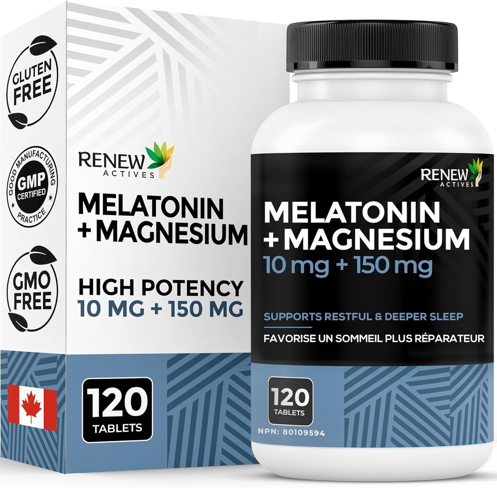RENEW ACTIVES Melatonin 10MG マグネシウム 150MG 睡眠補助金 - 睡眠オンセットをサポート, ジェットラグ救済, 疲労形成 & 残りの睡眠のための電解バランス – カナダ製 – 120 カプセル
