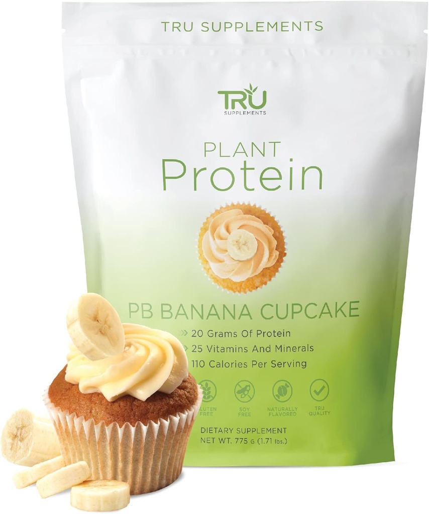 TRU植物ベースのプロテインパウダー、BCAA、AAA、20gビーガン玄米&エンドウ豆プロテイン、100カロリー、27ビタミン、人工味なし25サービング(ピーナッツバターバナナカップケーキ)