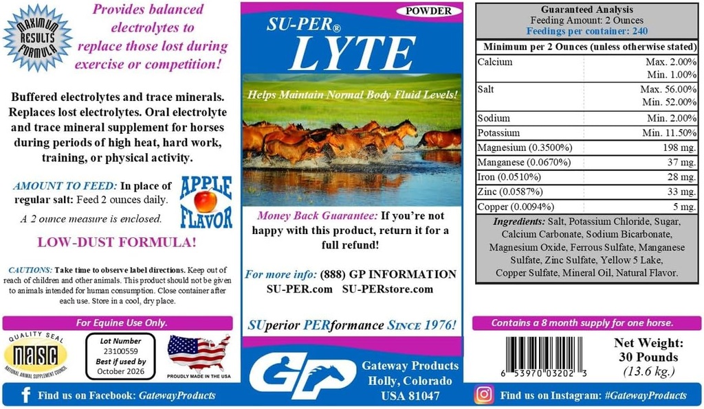 SU-PER Lyte Horse Electrolyte Supplement - Helps Maintain Normal Body Fluid Levels - Performance Horse Minerals & Electrolytes Replacement - 30 Pound, 8 Month Supply