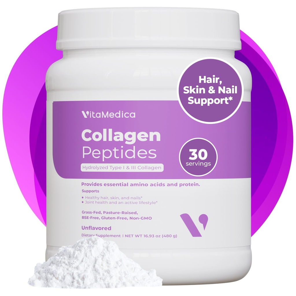 VitaMedica Collagen Peptidesは、女性と男性のための粉末 - 健康な髪、皮膚、爪、骨と関節 - 加水分解タイプI&III、草フィード、牧草発作タンパク質、ゼロ砂糖 - 30サービング