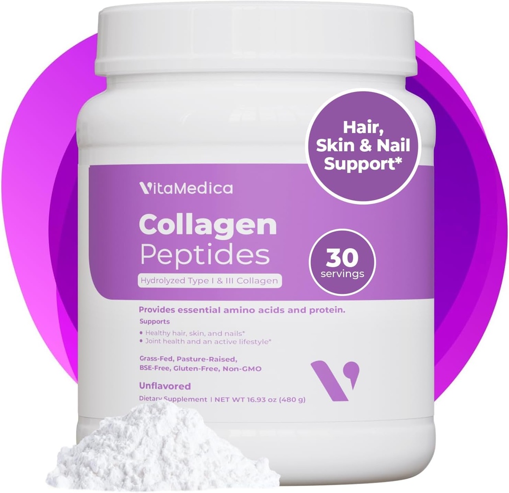 VitaMedica Collagen Peptidesは、女性と男性のための粉末 - 健康な髪、皮膚、爪、骨と関節 - 加水分解タイプI&III、草フィード、牧草発作タンパク質、ゼロ砂糖 - 30サービング