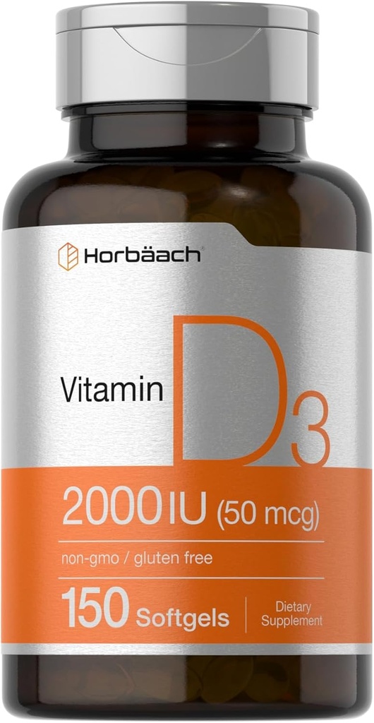 Horbaach Vitamin D3 2000IU Softgels | 150 Count | 50mcg Cholecalciferol | Non-GMO & Gluten Free Supplement