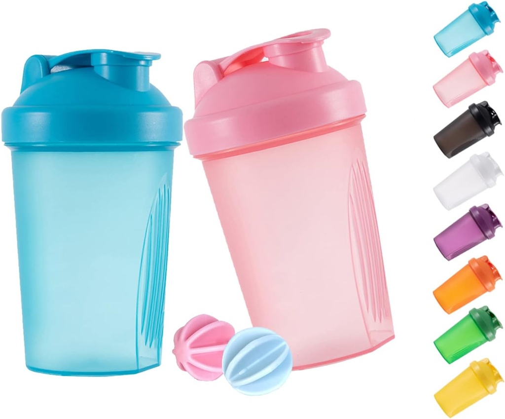 シェーカーボトルプロテインシェイクと16オンス/400MLシェーカーボトルウィスクボール、ノンBPAプラスチック(Blue+Pink(2PCS))