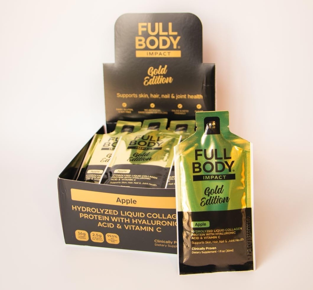 液体コラーゲンプロテイン w/Hyaluronic 酸&ビタミン C - ゴールドエディション (アップル)、16,000mg (16g) 加水分解コラーゲンペプチドサプリメント - 1oz パケット (ボックス 24)