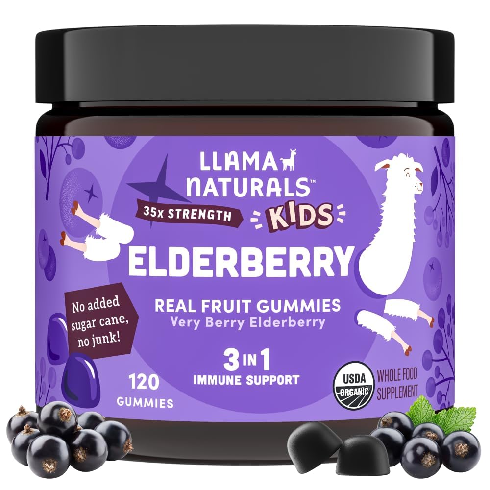 子供のためのLlama Naturals Elderberry Gummies, ビーガン, ビタミンCと亜鉛と有機免疫サポートサプリメント, 免疫のためのトドル実質の果実のおいしいビタミン, 咀嚼可能, 砂糖の杖なし, 120 Ct