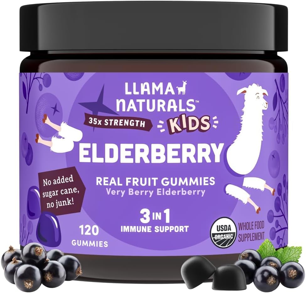 Llama Naturals Elderberry Gummies for Kids, Vegan, Organic Immune Support Supplement with Vitamin C and Zinc, Toddler Real Fruit Gummy Vitamins for Immunity, Chewable, No Added Sugar Cane, 120 Ct