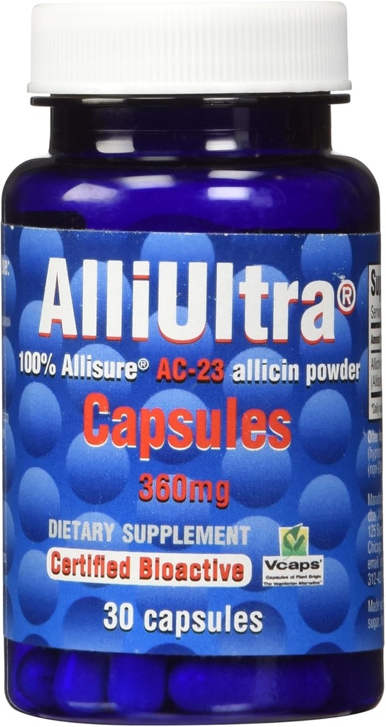 AlliUltraカプセル360mg - 30カウント 天然免疫サポートのための高強度安定アシシンニンニクサプリメント、植物ベースの、非GMO、ビーガン、英国製