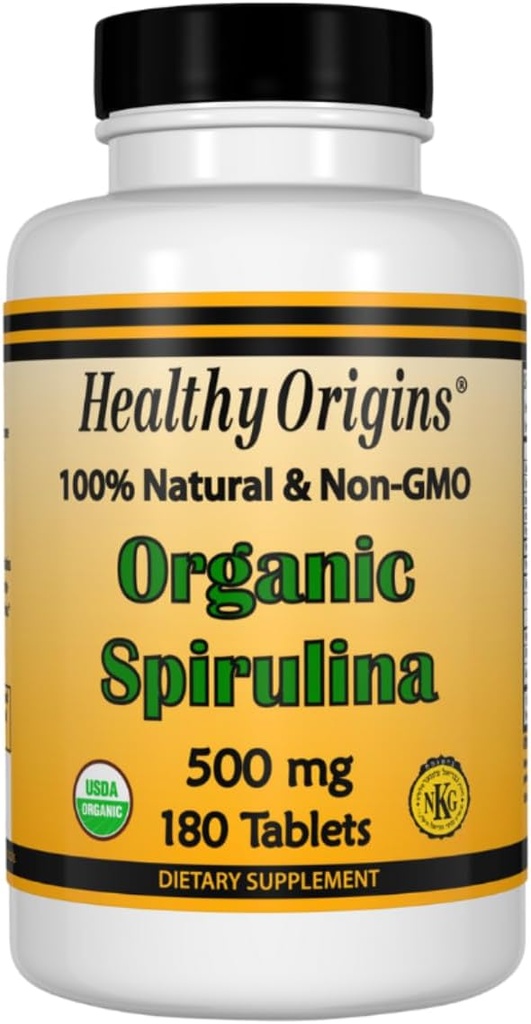 健康な起源Spirulina、500のmg (有機性) - ビタミンA及びビタミンB12の有機性Spirulinaのタブレット-Kosherの証明される-ビーガン、非GMOおよびグルテンフリーのSpirulinaの丸薬- 180のタブレット
