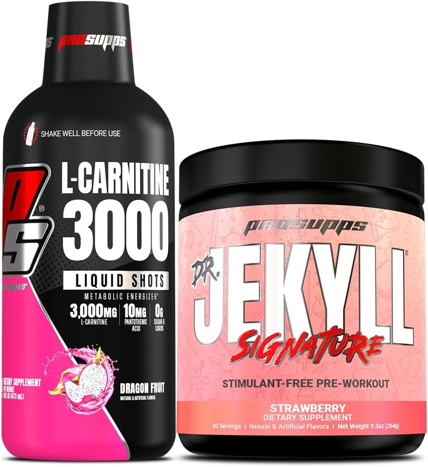 PROSUPPS L-カルニチン3000興奮剤フリー液体ショット(31サービング、ドラゴンフルーツ)とハイドシグネチャーシリーズプレワークアウトエナジーパウダードリンク(30サービング、イチゴ)バンドル