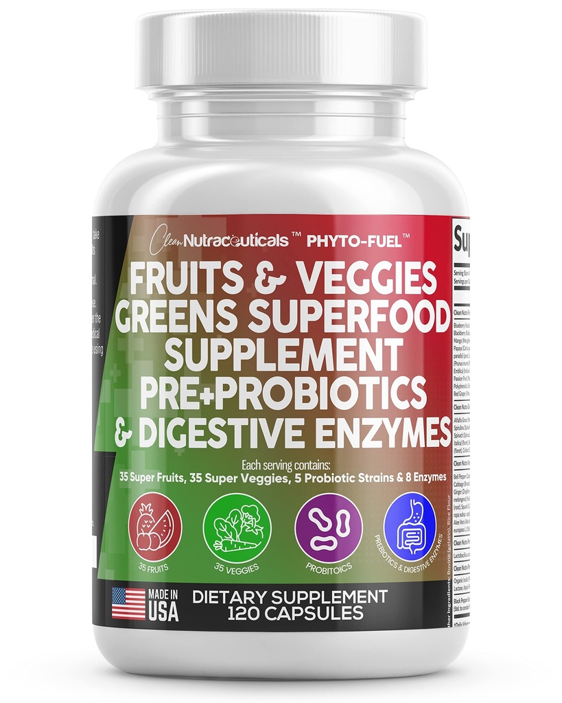 きれいなNutraceuticalsのフルーツおよび野菜は赤く及び緑のスーパーフードを補います - 70以上のフルーツ及び野菜の補足のバランスはProbioticsの消化器系酵素とカプセルをカプセルに入れます - 120 Ct米国