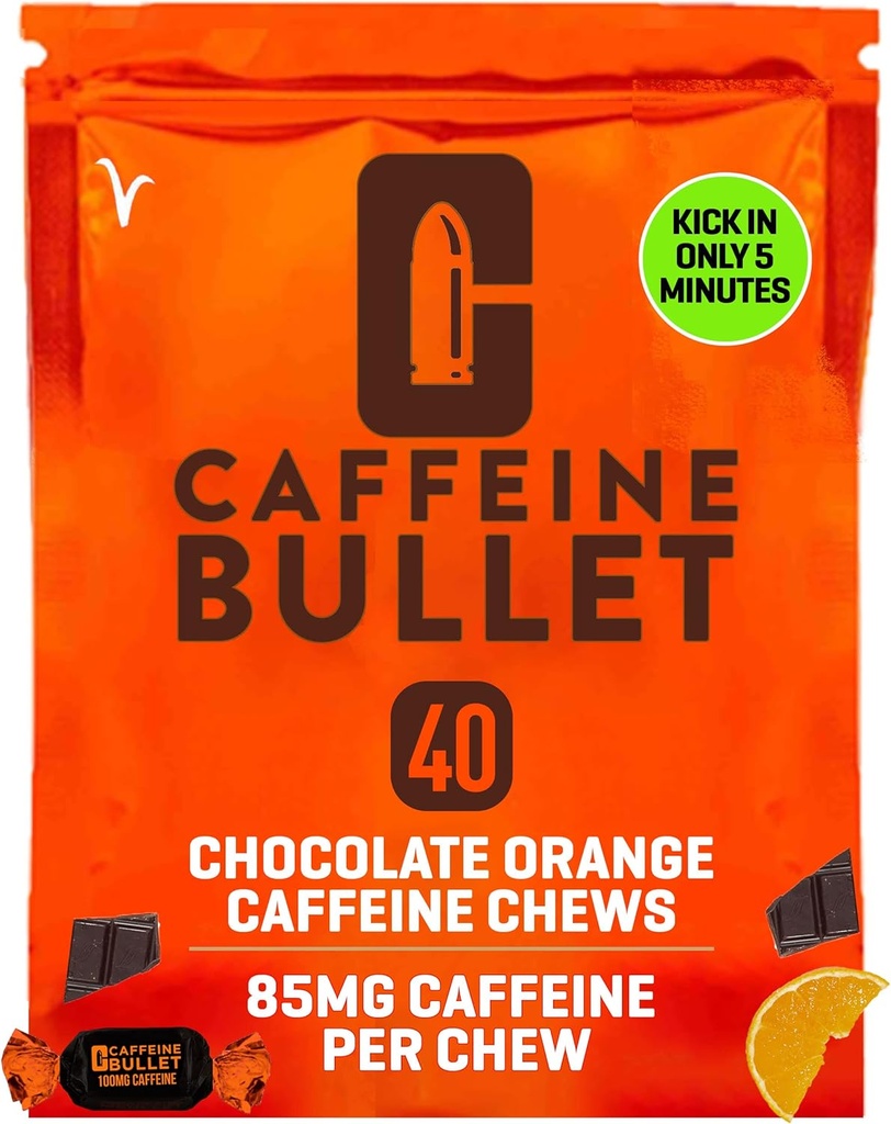 Caffeine Bullet Energy Chews - Chocolate Orange. 40 * 85mg - Faster Kick Than Pills, Gels and Gum. Sport Science for Running, Cycling, Gaming & A Pre Workout Endurance Boost.