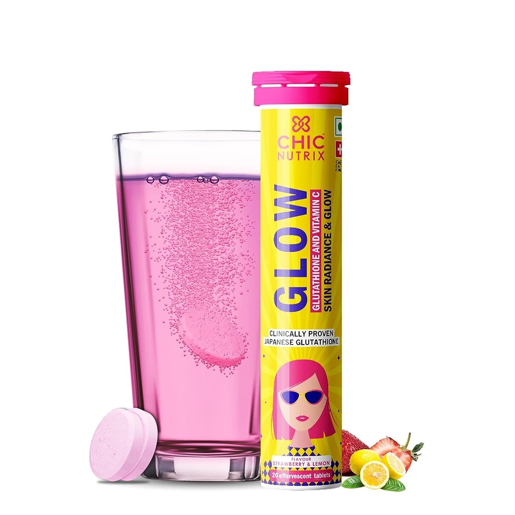 Glow | スキンケア用 グルタチオン 500mg ビタミンC | 輝く皮膚 - 20 エフェライト錠 | いちごレモン風味