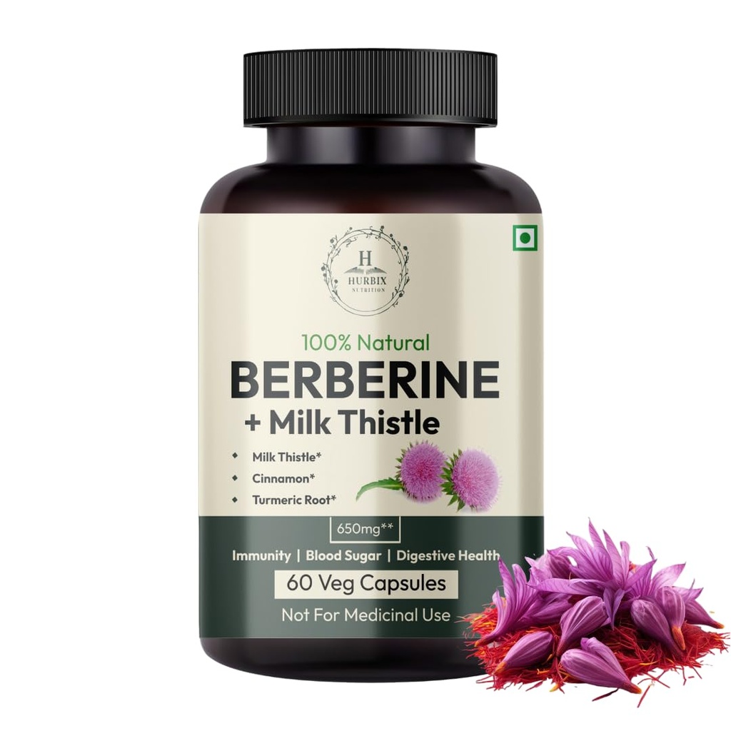 Hurbix Berberine - 1300 mg | 5 in 1 ミルクアザミ、ターメリック&シナモンの配合を強化 | プレミアム高周波フォーミュラ | 60 カプセル
