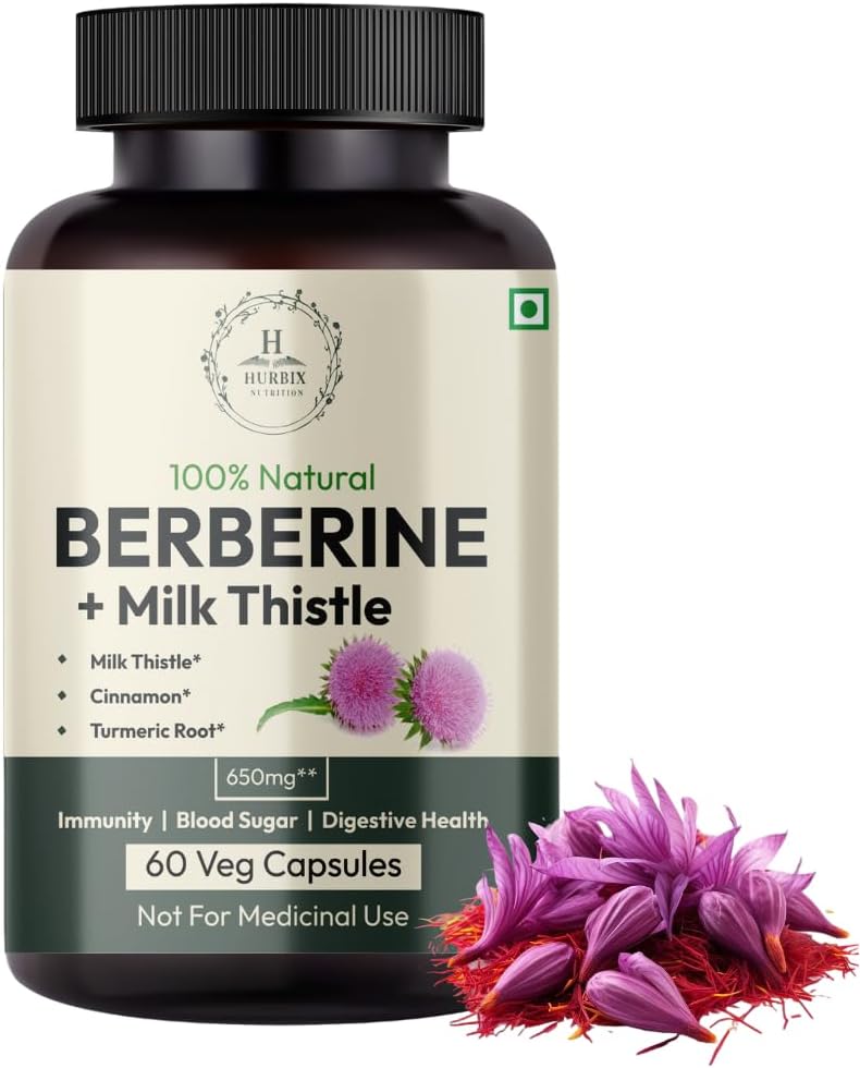 Hurbix Berberine - 1300 mg | 5 in 1 ミルクアザミ、ターメリック&シナモンの配合を強化 | プレミアム高周波フォーミュラ | 60 カプセル