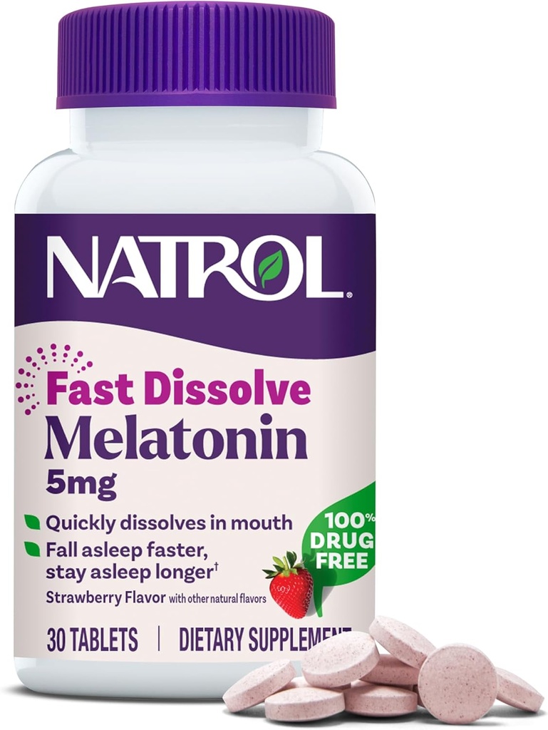 Natrolの速い分解のMelatonin 5のmgのMelatoninは残りの睡眠、大人のための睡眠サポート、30のいちご風味付けされたタブレット、30日の供給まで補います