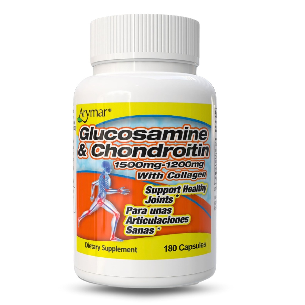 Arymar Glucosamine 1500 mg and Chondroitin 1200 mg with Collagen – Joint Health Supplement – 90 Capsules (2, 180 Capsules)