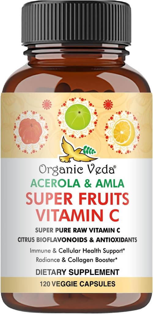 Organic Veda Superfruits Vitamin C Capsule with Acerola Cherry & Amla Berry - Whole Food Natural Vitamin C Supplement with Citrus Bioflavonoids for Immunity, Cellular & Skin Health - 120 Vegan Pills
