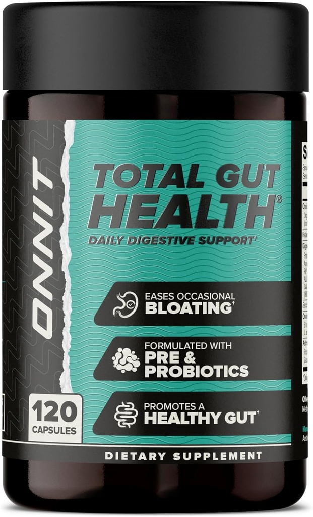 ONNIT Total Gut Health Daily Digestive Support, IGEN™ Non-GMO Tested Digestion Supplement for Women and Men with 7 Strains of Probiotics, Prebiotics, Enzymes, and Betaine HCL, 120 Count