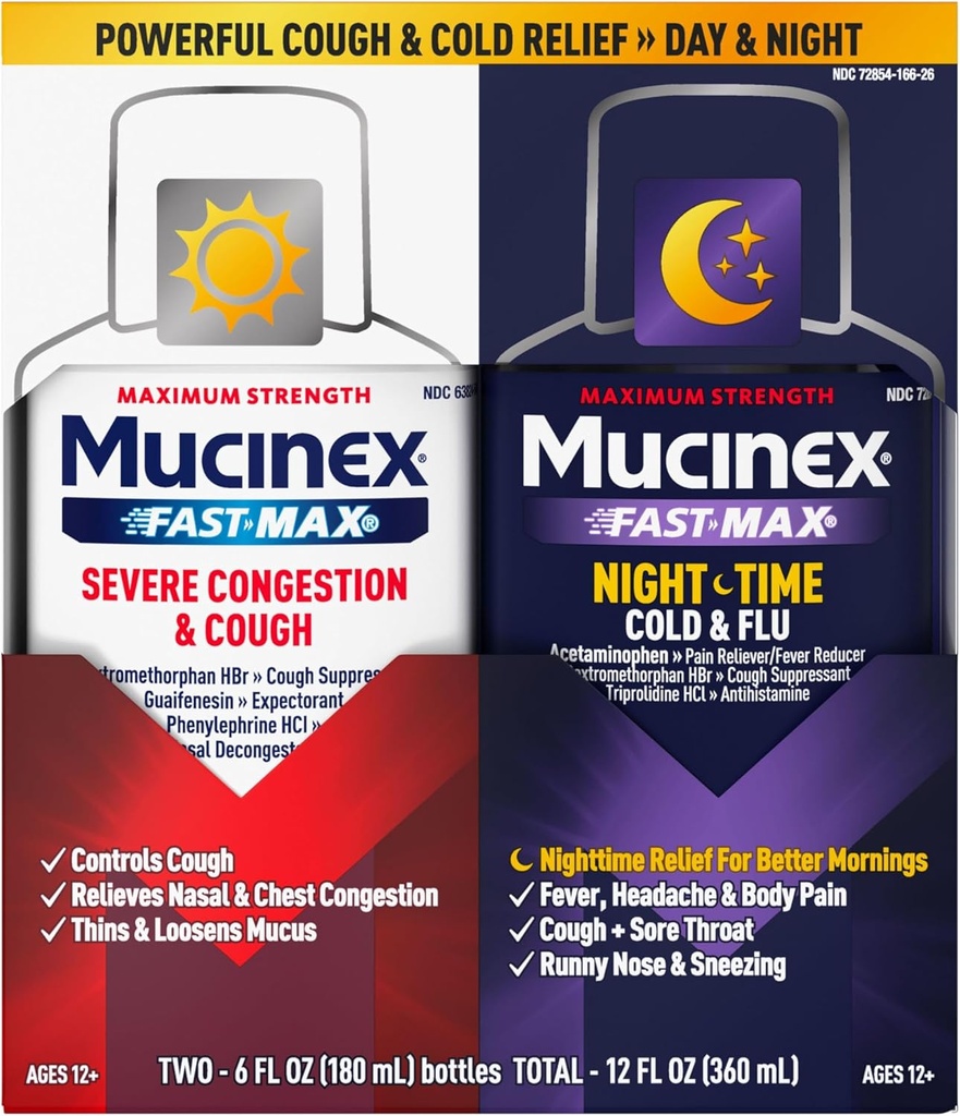 Mucinex の最高及び NightShift のコンボのパック-最高の強さの咳及び Mucus の救助、箱の混雑、鼻の輻輳、Sinus の輻輳、Sinus の圧力、咳の症状救助(2x 6 FL OZ)のための風邪の薬