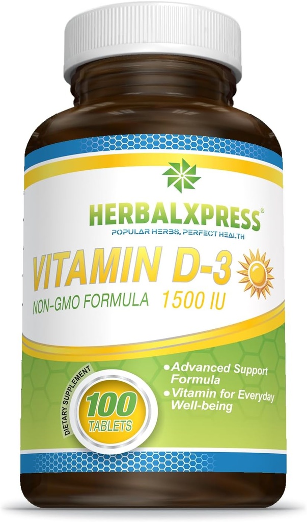 HerbalxpressビタミンD(コレカルシフェロールとして) 1,500 IU (100錠)は、健康的なライフスタイル、骨、歯、筋肉、免疫機能、およびウェルビーイング、非GMOおよびグルテンフリーへの完璧な添加です。