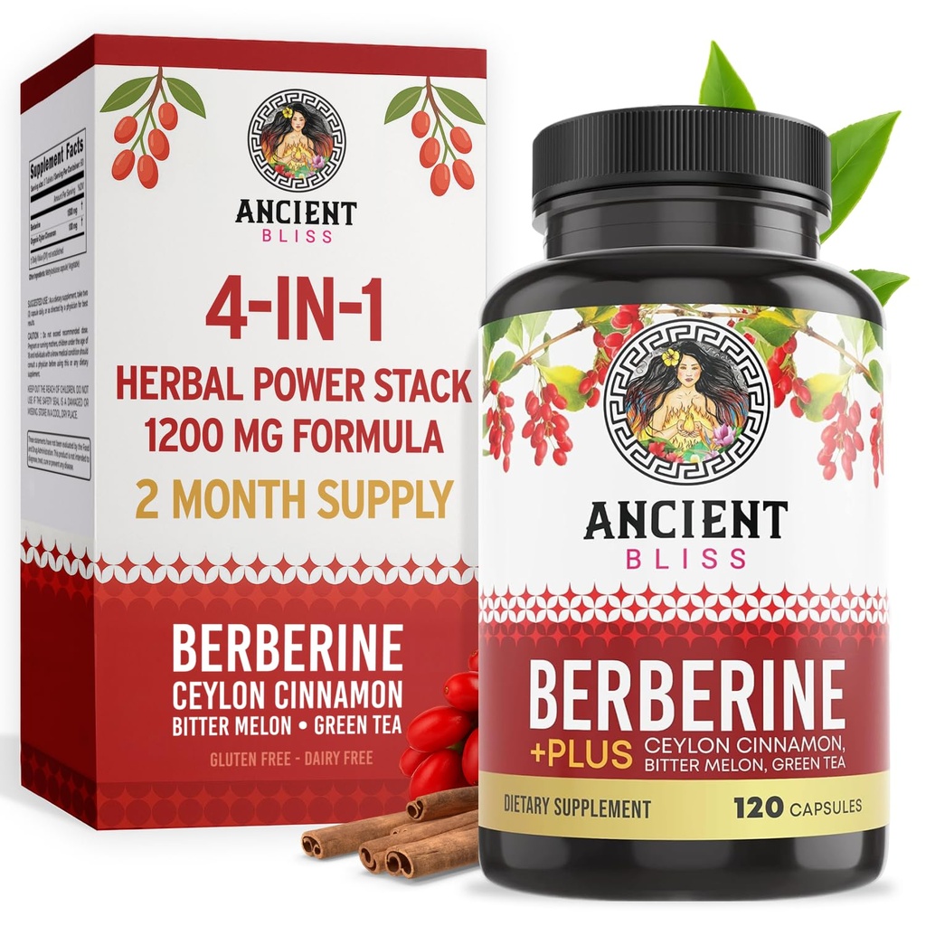 古代のBliss Berberine HCL 1200mgとセイロンシナモン、ビターメロン、グリーンティーエキス - 120カプセル
