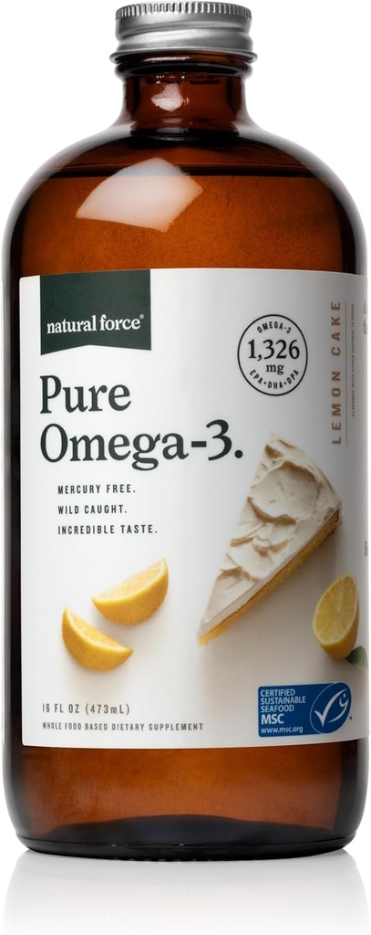 Natural Force Pure Omega 3 - Liquid Fish Oil - Delicious Lemon Cake Flavor - Mercury Free, Wild Caught, Lab Tested - 1,326 mg Triglyceride EPA, DHA, & DPA - 16 Oz Glass Bottle