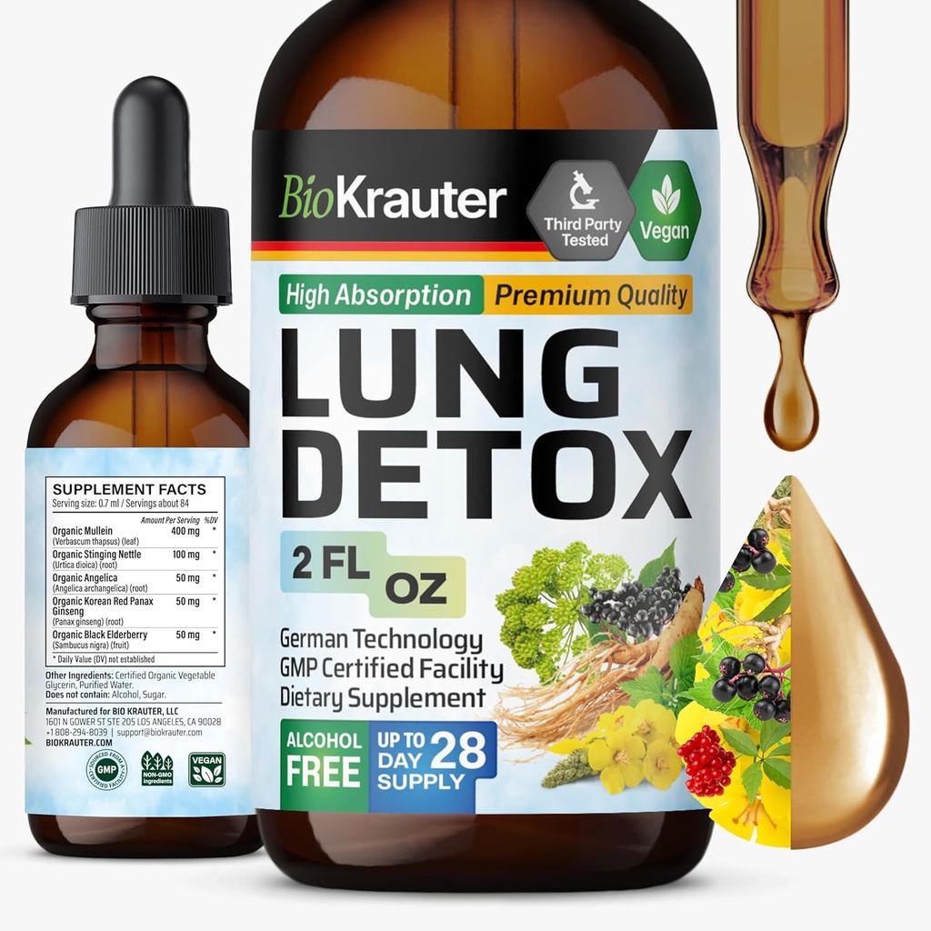 BIO KRAUTER Lung Detox ドロップ - 純粋なビーガン肺クレンジング液体フォーム 2 Fl.Oz 28 供給の日 - ブレンド Mullein, エルダーベリー, スタッキング イラクサ, ジンセン & アンジェリカ エキス - 呼吸器サポート