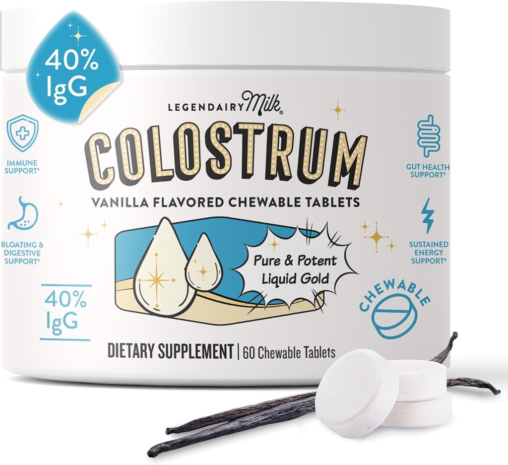 Legendairy Milk Colostrum Supplement - Premium Bovine Colostrum for Humans - 40% IgG Immunoglobulin for Immune Support & Gut Health - Energy & Muscle Recovery - Vanilla Chewable Tablets, 30 Servings