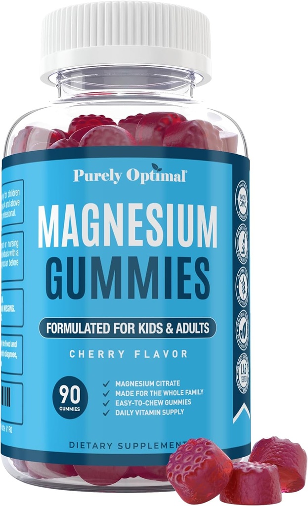 Purely Optimal Magnesium Citrate Gummies for Kids & Adults - Delicious Cherry Flavor - Sleep, Calm & Digestive Support, Relaxation, Muscle Health - Chewable Magnesium, Gluten-Free, Vegan - 90 Gummies