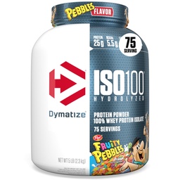 Dymatize x フルーティーな小石ISO100の乳白色蛋白質の粉の隔離剤、蛋白質、5.5g BCAAs、120 Cal。、グルテンフリー、1g脂肪、1g砂糖、2gの炭水化物(75のサービング)