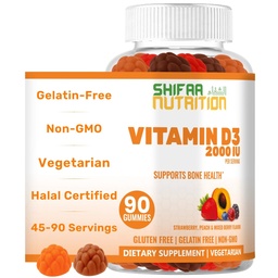 SHIFAA NUTRITION ベジタリアン D3 ガミー(大人・子供向け) | 45-90 サービング、2,000IU / 1,000IU | 非GMO、グルテンフリー、グルテンフリー、ゼラチンフリー | ボンズ、マッスル、免疫系 ハラール ビタミン対応