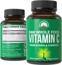 Peak Performance Raw Whole Food Natural Vitamin C Capsules from Acerola Cherry for Max Absorption. Vegan USA Sourced Vitamin C Supplement 90 Pills. 500 mg Serving or 2 Servings 1000mg