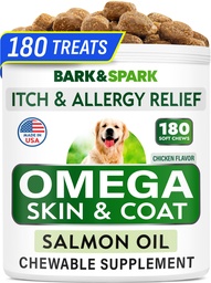犬のためのBARK&SPARK Omega 3 - 180魚油は、犬の寝具、皮膚アレルギーの咀嚼、痛みの軽減、ホットスポットの治療 - 関節の健康 - 皮膚とコートサプリメント - EPA&DHA脂肪酸 - サーモンオイル