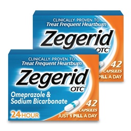 ゼジェリドOTC、24時間ハートバーンリリーフ、酸リフラックス薬およびアントエイド、Frequent Heartburn、Omeprazole 20mg +重炭酸ナトリウム、プロトンポンプ阻害剤(PPI)、2つの42ctカートン