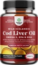 Icelandic Cod Liver Oil Softgels - Wild Caught EPA DHA Omega 3 Fish Oil 1000mg per serving - Sustainably Sourced Burpless Fish Oil Supplement with Vitamin D3 & A for Heart Joint Brain & Immune Support