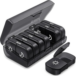 AUVON XLウィークリーピルオーガナイザー2日、Pill Box 7 Day with One-Side Large Openings for Easy to use、Black Privacy Protection AM PM Pill Case for Medication、ビタミン、魚油、サプリメント