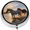 Sunsets Lake Horses Print Round Pill Box 3 Compartment Medicine Pill Case Portable Pill Container for Daily Medicine Supplement Vitamin