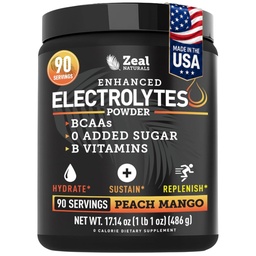 ゼールナチュラルズ電解液パウダー回復ドリンク(90サービング | ピーチマンゴ) w 0 砂糖 +BCAAs +B-ビタミンE 電解液サプリメント w カリウム亜鉛 & 硫酸マグネシウム - Keto 電解液