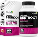 Renew Actives Organic Beetroot Supplement 1300MG per 2 Capsules - Pure Beetroot Powder for Circulation, Natural Energy, & Antioxidant Benefits - High-Potency Superfood, Made in Canada - 90 Capsules