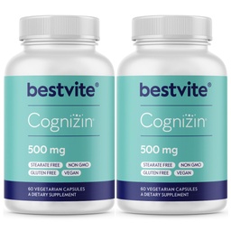 BESTVITE Cognizin Citicoline 500mg (120 ベジタリアンカプセル) (60x2) - 臨床的に勉強されたプレミアムコリンの向知性 - せん断なし - ビーガン - グルテンフリーグルテンフリー - 脳は、メモリとフォーカスのためのサプリメント
