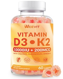 WEEVIT Vitamin D3 K2 Gummies, Sugar Free Vitamin D3 K2 w/Calcium, Magnesium, Omega-3, Vitamin C,B12, K2 D3 Supplement
