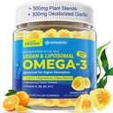 ビーガンオメガ3グミー1000mg + CoQ10 +マグネシウム- EPA 600mg & DHA 400mg, 魚油オメガ3は、女性男性大人のための代替サプリメント-リポソームフォーム-藻-植物ステロール, ニンニク,B6,B9, B12, 砂糖無料